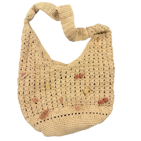 No Boundaries Handbags - No Boundaries Festival Crochet Hobo Bag, Natural Beaded Fruit